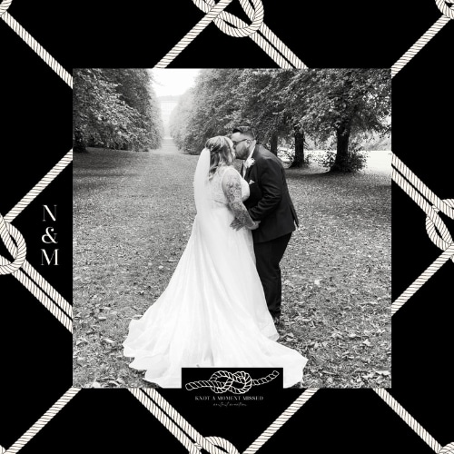 Bride and groom kissing on a tree-lined path, framed by rope design with initials N & M.