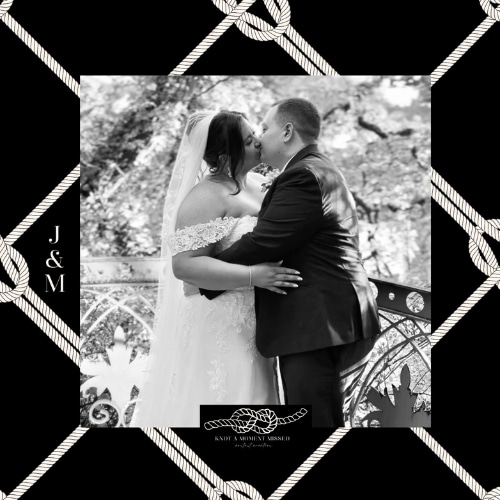 Couple kissing on wedding day, surrounded by decorative rope pattern.