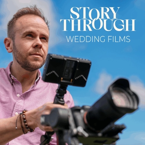 Man in a pink shirt filming with a camera under a blue sky, text reads "Story Through Wedding Films."
