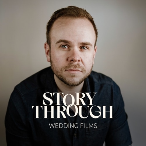 Man in dark shirt with "Story Through Wedding Films" text overlay.
