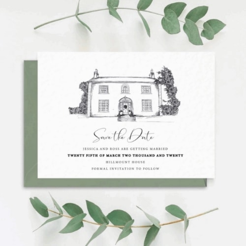 Wedding save-the-date card featuring a house illustration and greenery accents.