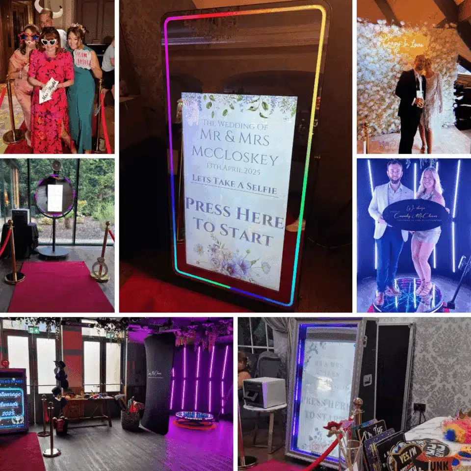 Photobooth and selfie mirror setup with event displays, featured in vendor listing card.