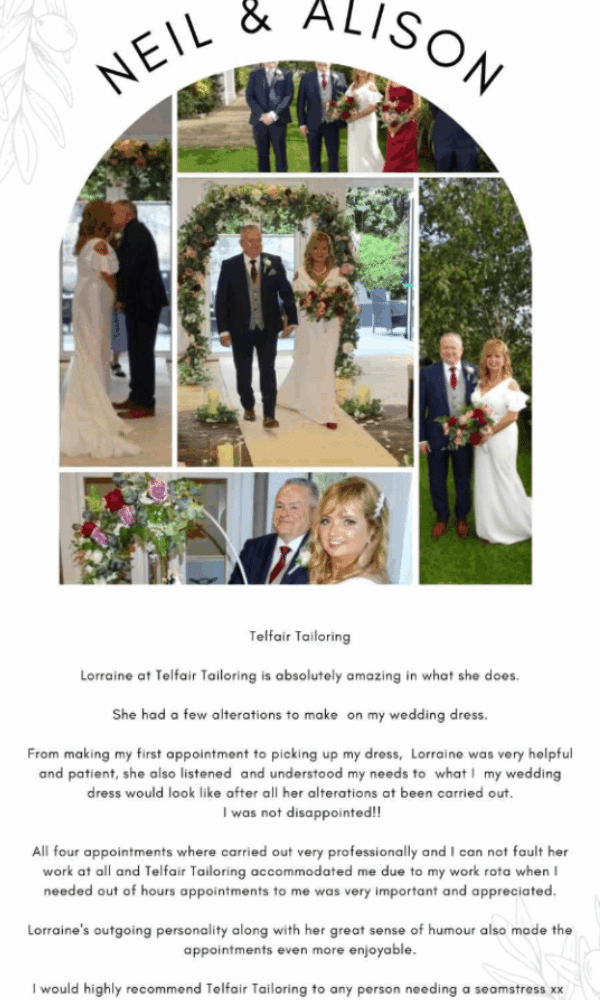 Collage of wedding photos with text praising Telfair Tailoring for bridal dress alterations.