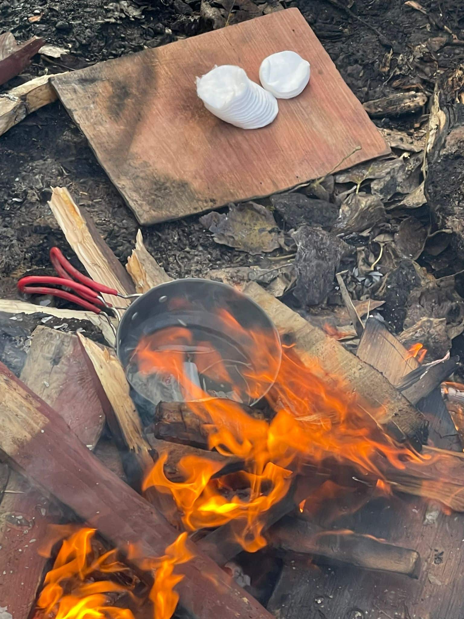 Pot on a campfire with sliced onions on a wooden board nearby.