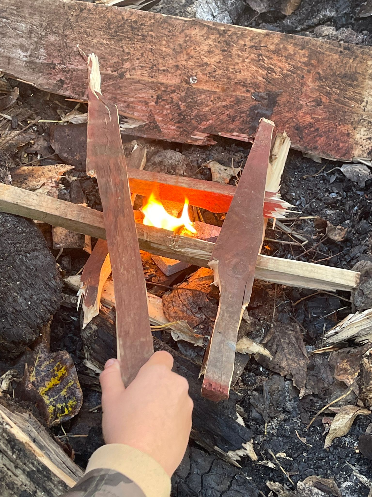 Hand arranging wood around a small campfire on the ground.
