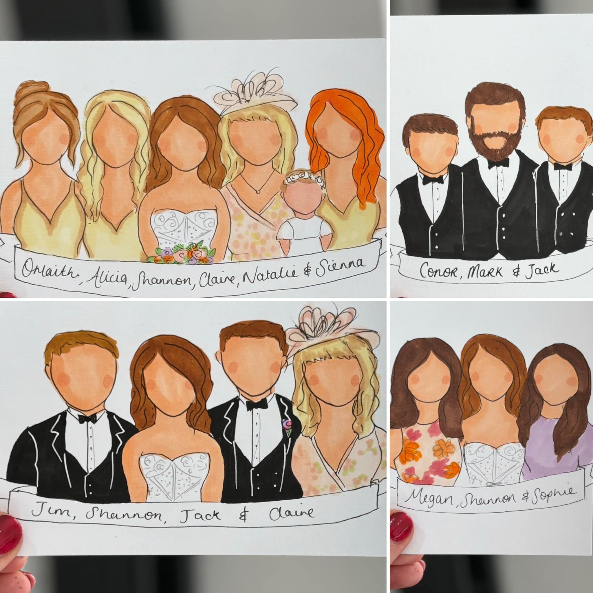 Stylized illustration of several groups of people at a wedding, with handwritten names below each group.