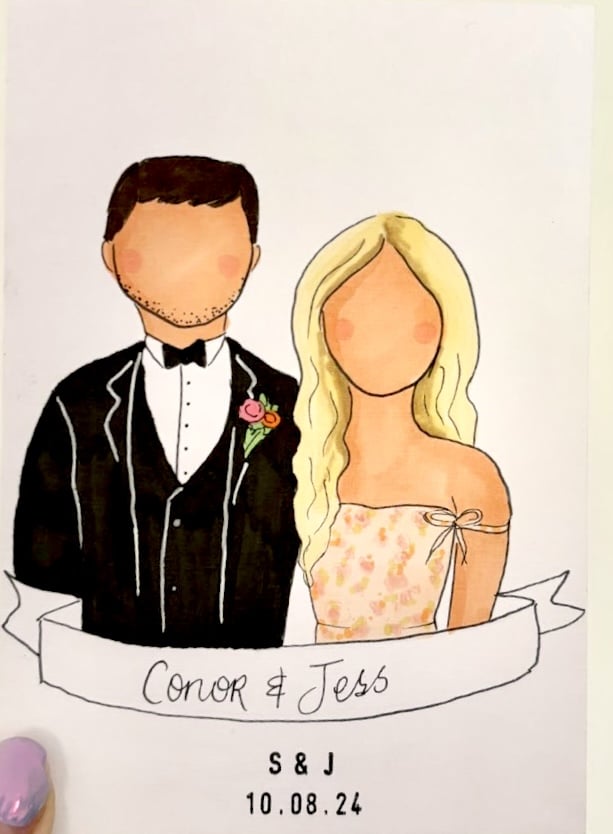 Illustration of a faceless couple in formal attire with names "Conor & Jess," dated 10.08.24, and initials "S & J."