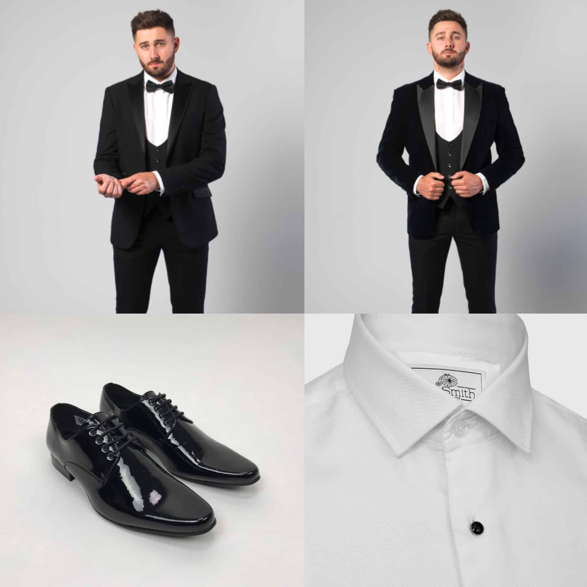 Man in tuxedo, polished black shoes, and white dress shirt close-up with buttons displayed.
