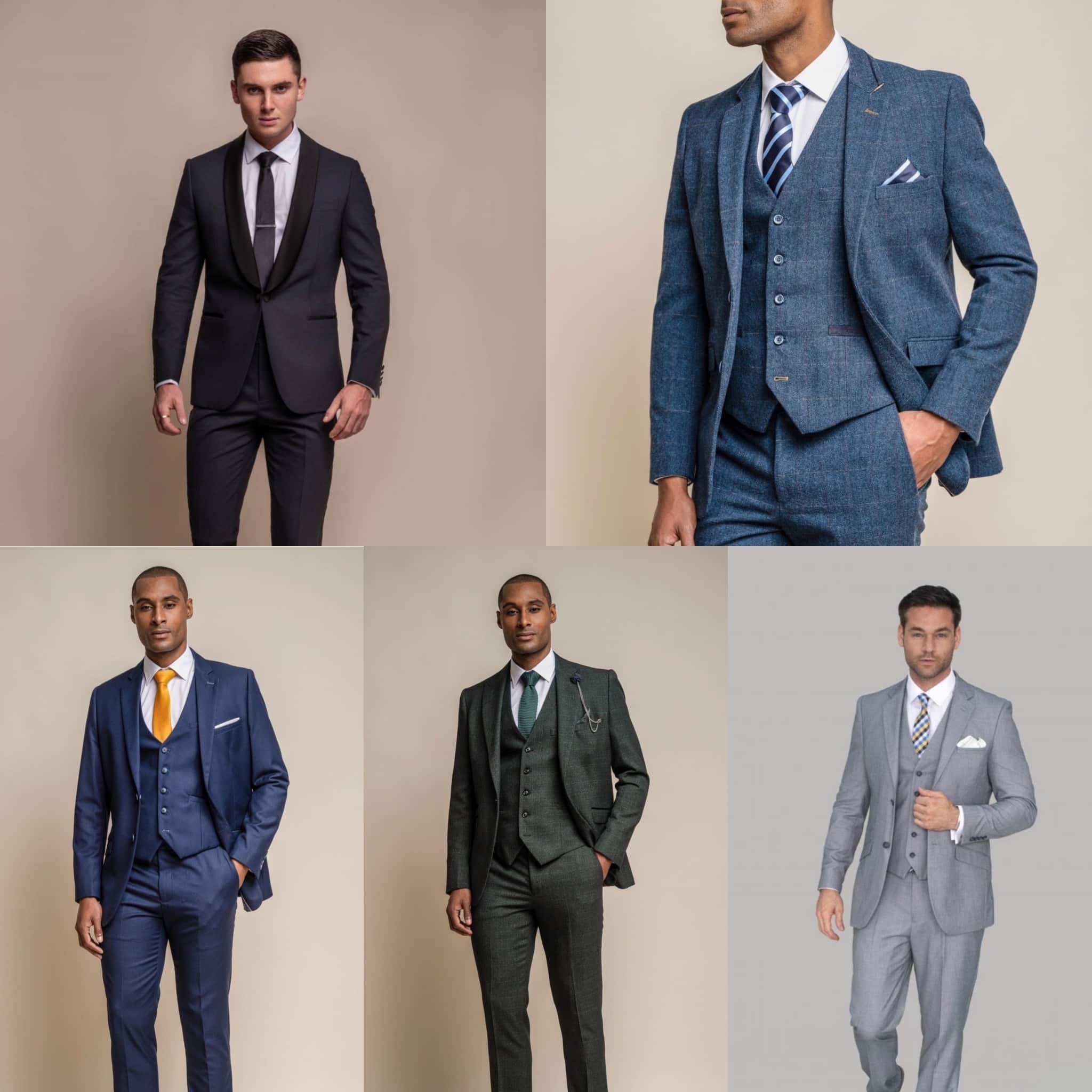 Men in various stylish suits, showcasing different colors and styles against a plain background.