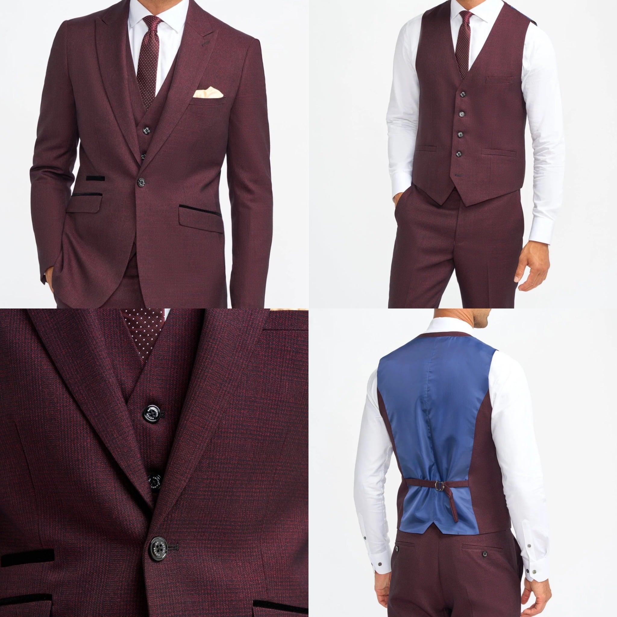 Men's burgundy suit with vest, close-up details, and back view with blue lining.