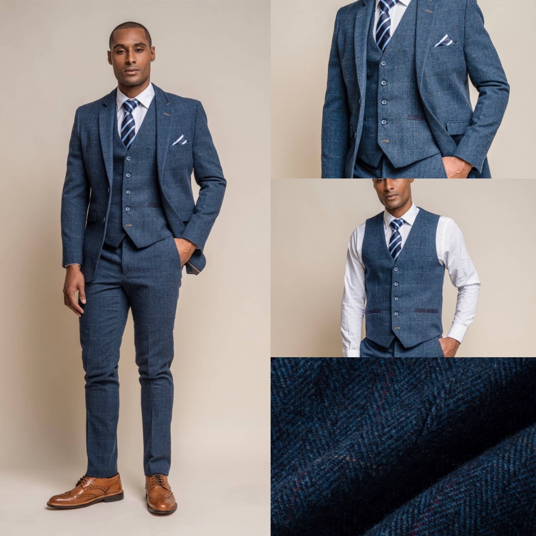 Man wearing a tailored blue three-piece suit with a striped tie, shown in full view and close-up with fabric detail.