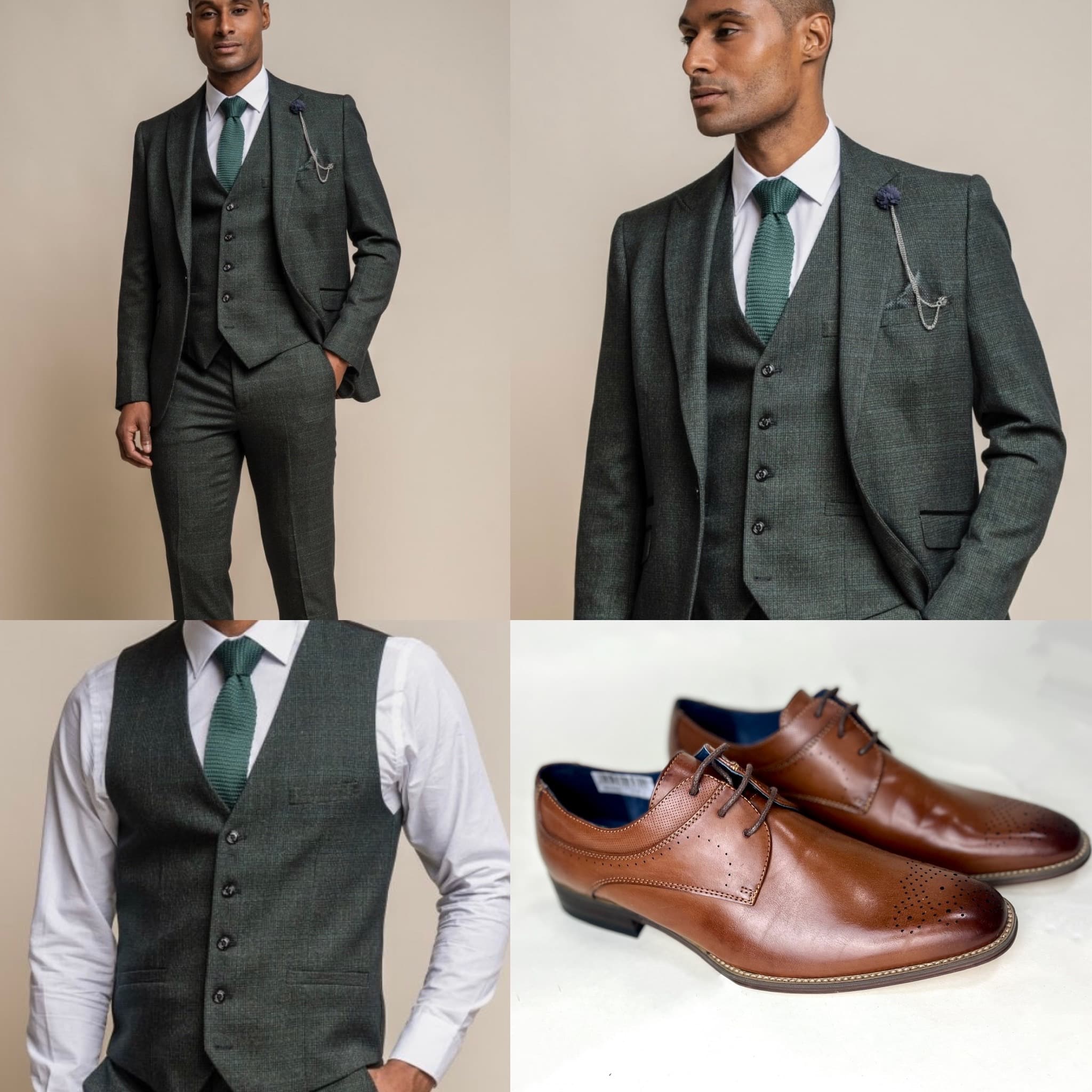 Man in charcoal suit with green tie and dress shoes.