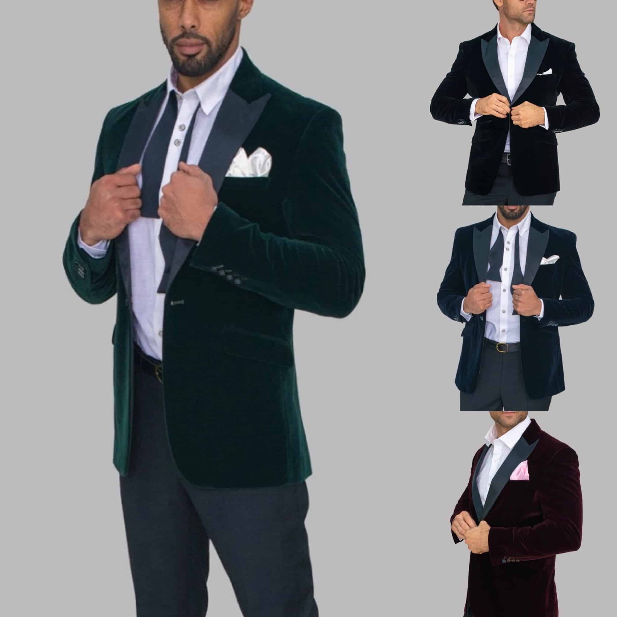 Man wearing a velvet tuxedo jacket with bow tie and pocket square, shown in multiple colors.