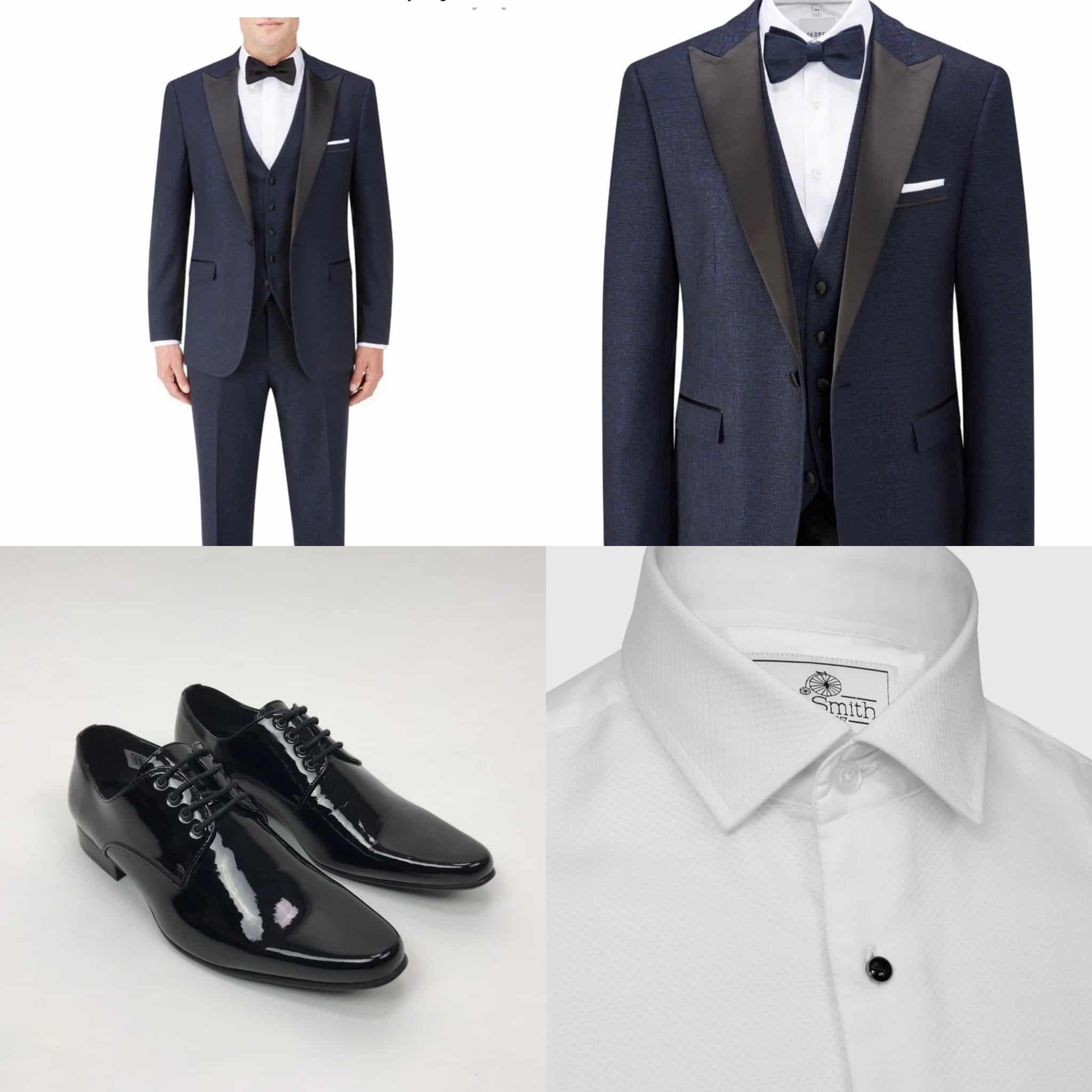 Navy tuxedo with black lapels, bow tie, white dress shirt, and black patent leather shoes.