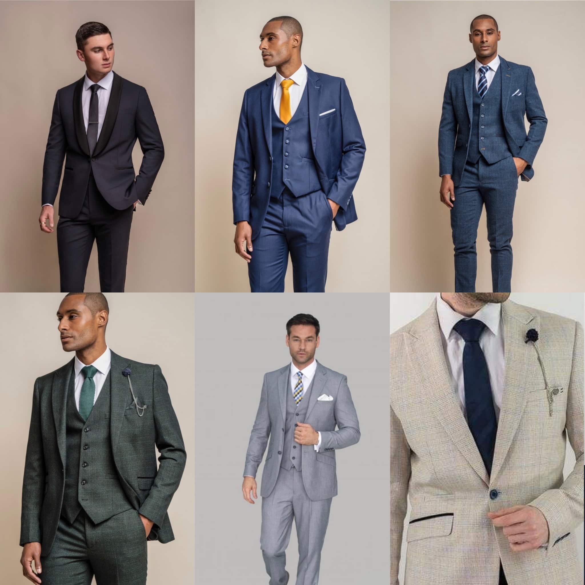 Men wearing various stylish suits in different colors and styles, showcasing formal fashion.
