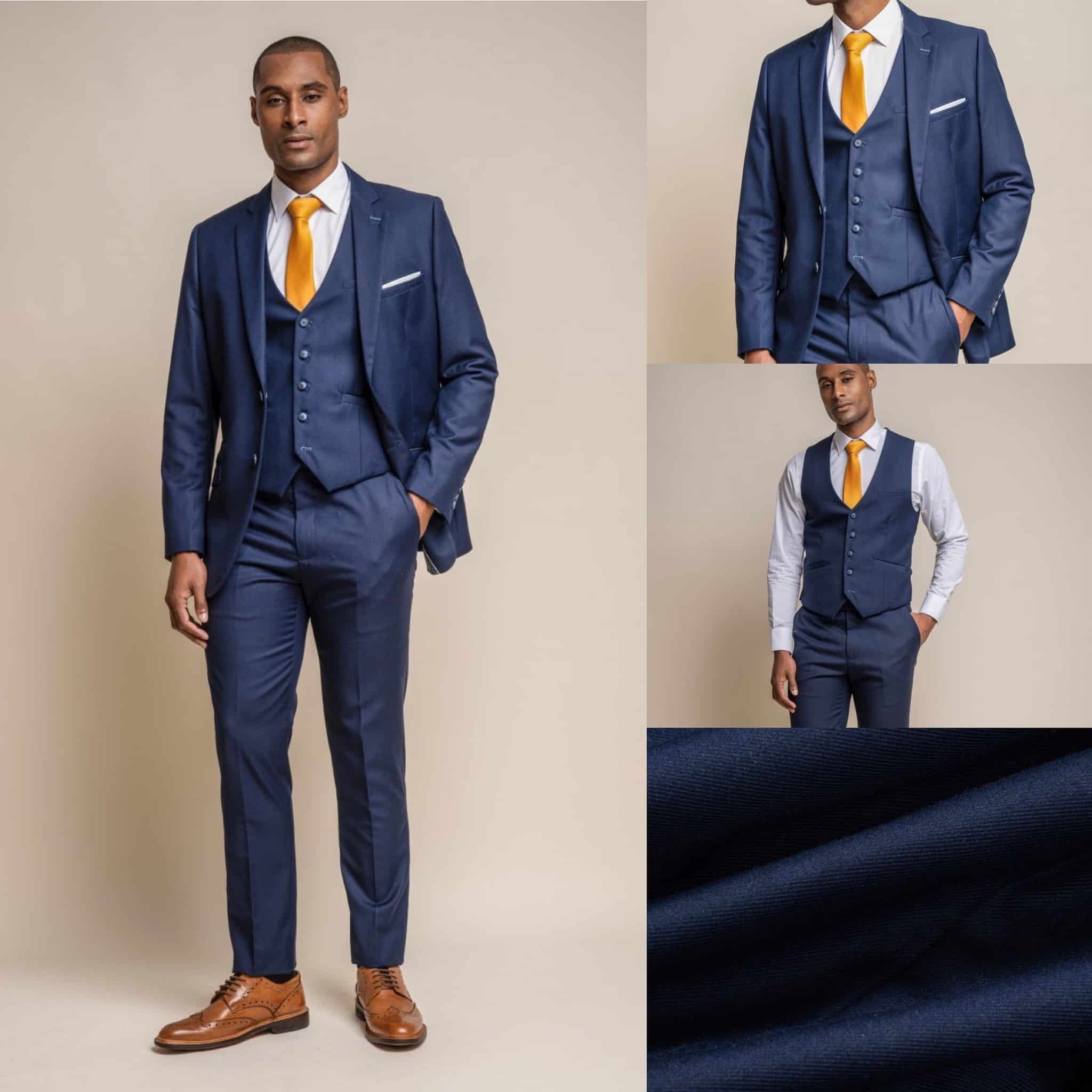Man in a blue suit with an orange tie, featuring different angles and a close-up of the fabric.