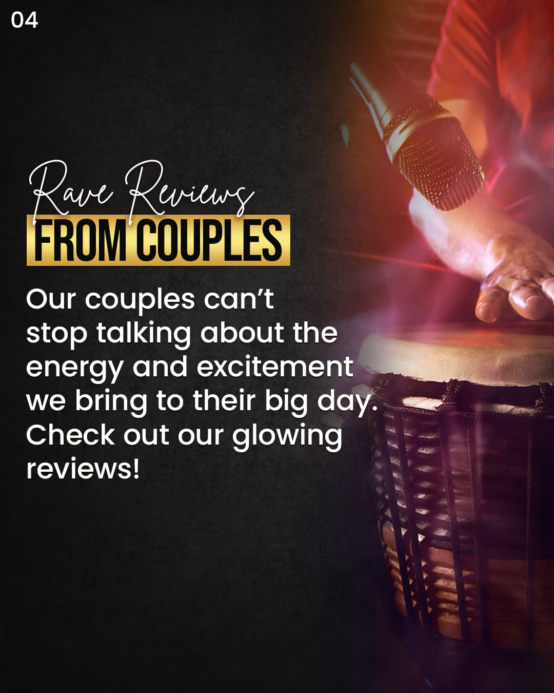 Hands playing a drum next to a microphone with text about rave reviews from couples.
