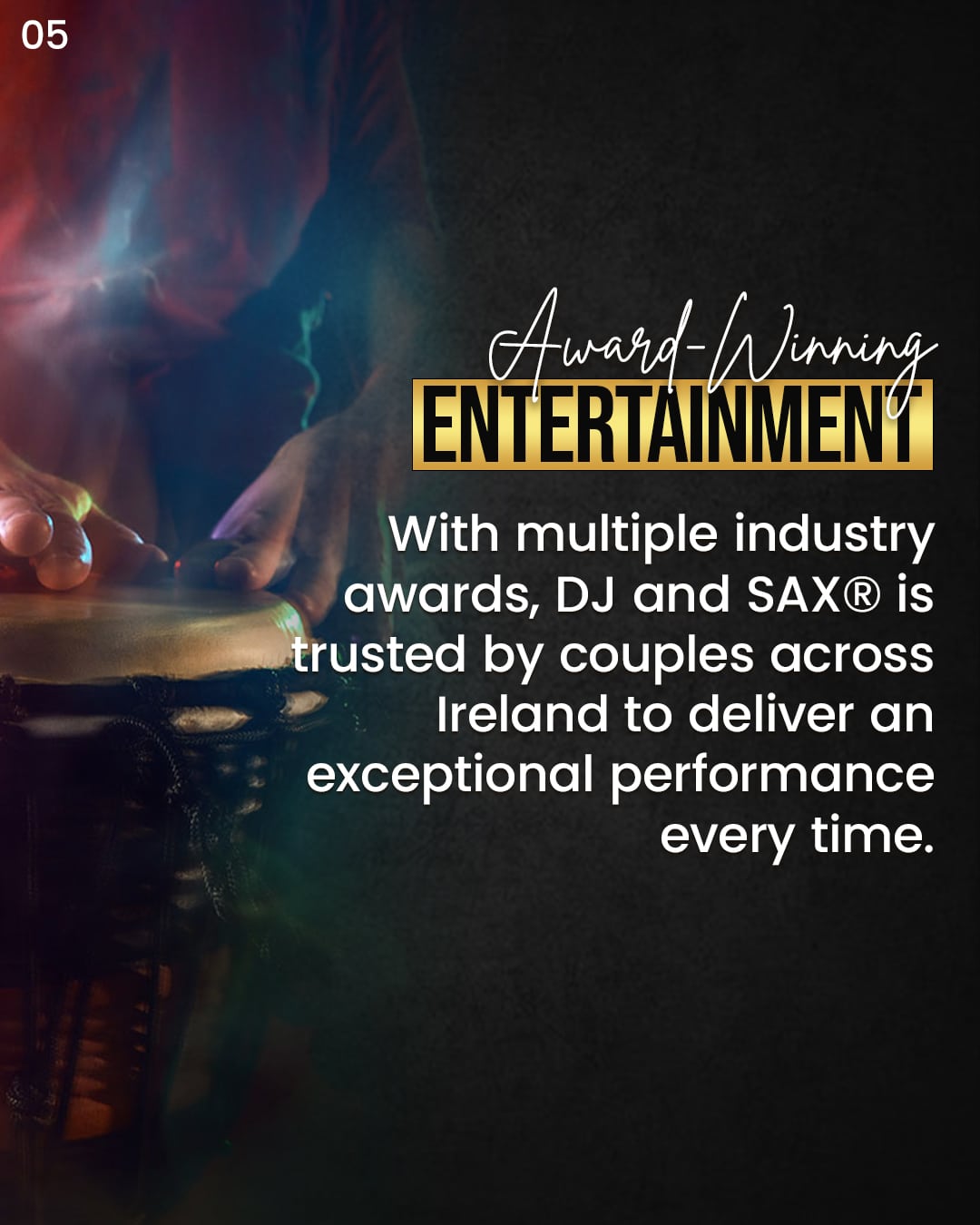 Drummer with text about award-winning entertainment services in Ireland.