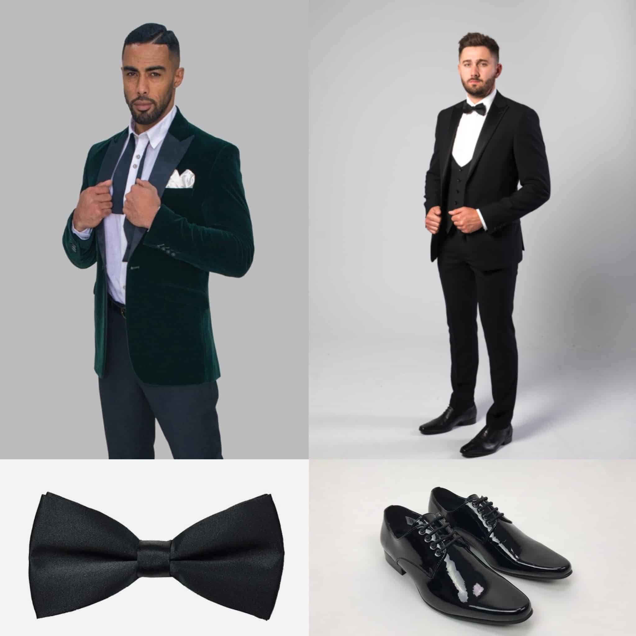 Two men in formalwear, one in a green velvet jacket and the other in a classic black tuxedo, with a bowtie and shiny black shoes.