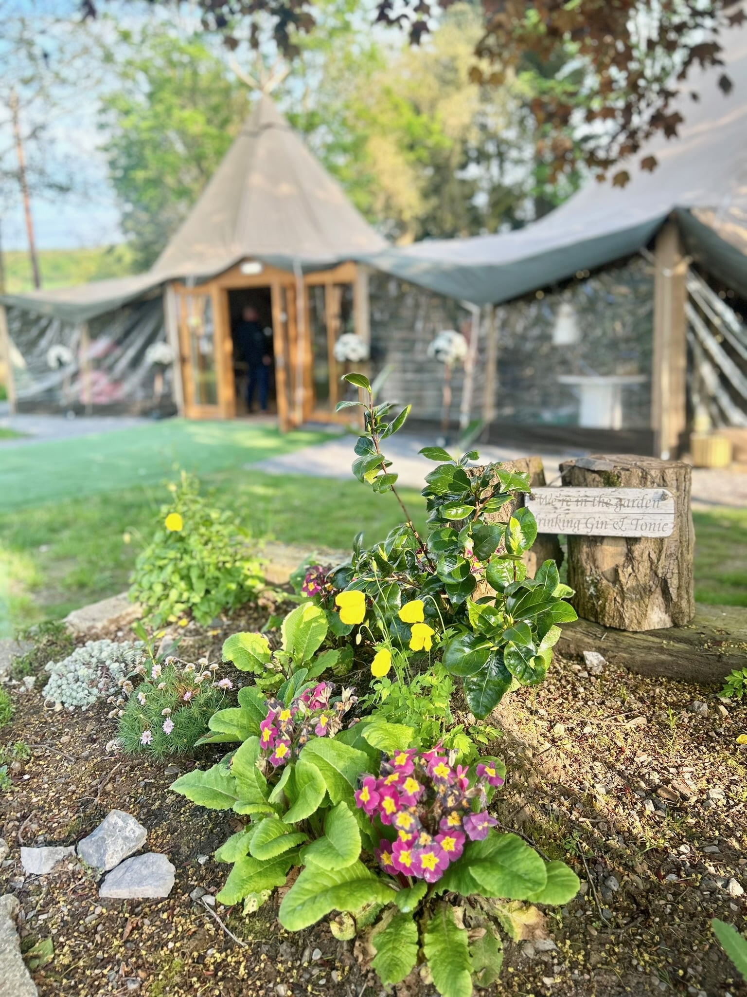 Colorful flowers in a garden with a cozy tent structure in the background.