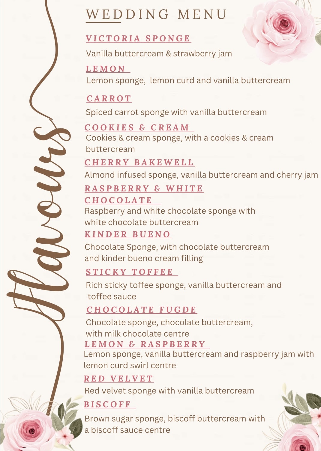 Wedding menu with various cake flavors, including Victoria Sponge, Lemon, Carrot, Cookies & Cream, and more, on floral background.