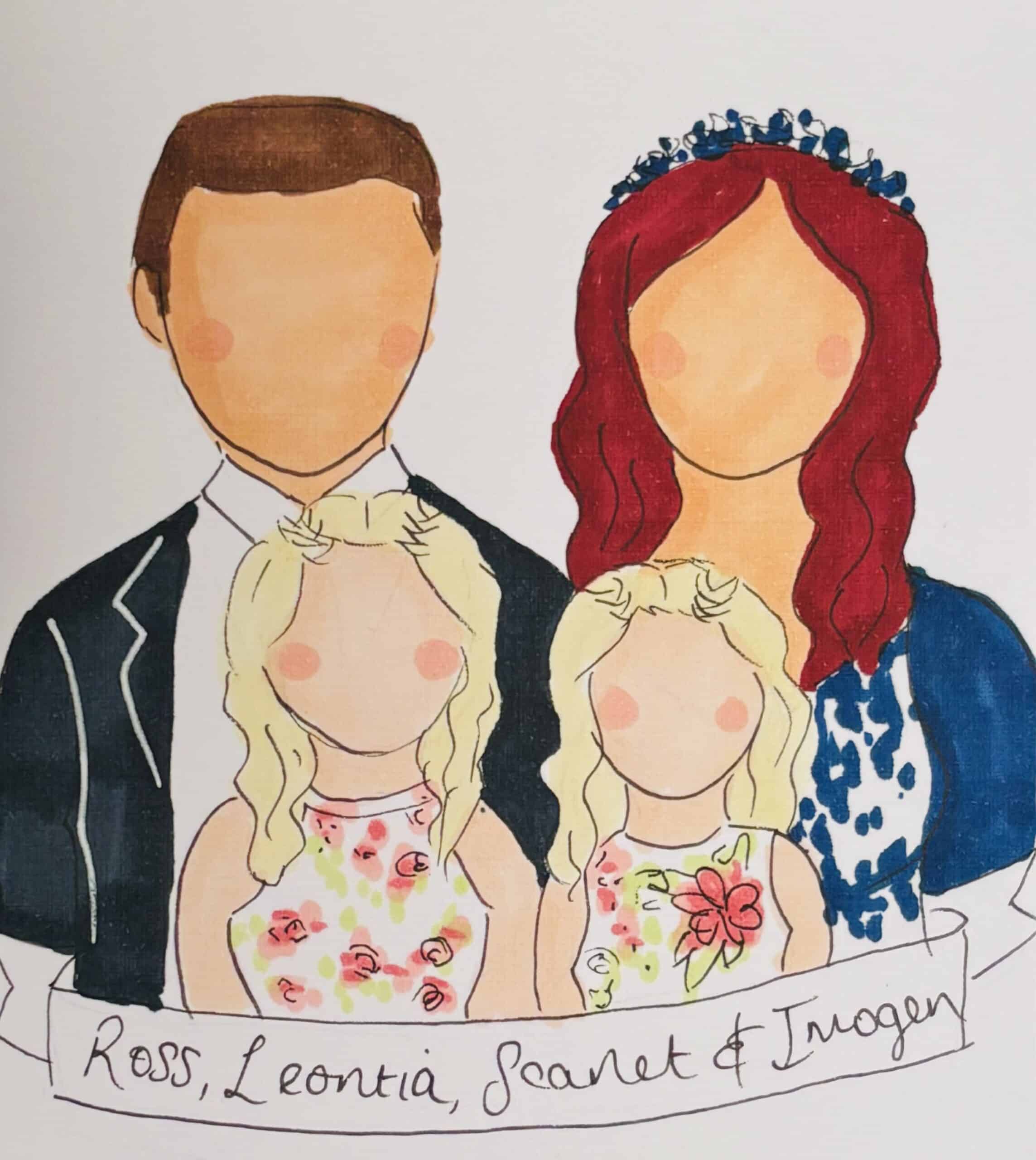 Illustration of a faceless family of four in formal attire with floral dresses, names written below.