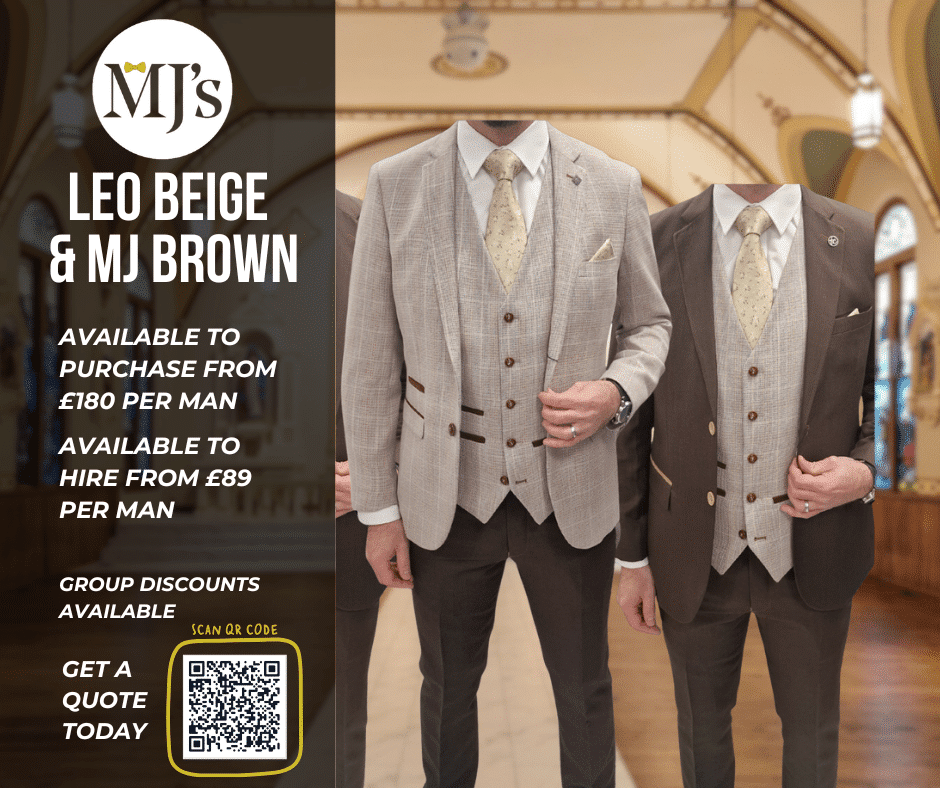 Beige and brown suits on display, available for purchase or hire, with pricing details and QR code for quotes.