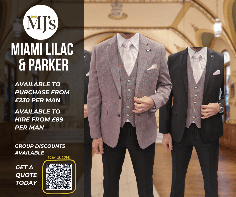 Men in suits with lilac waistcoats, QR code and pricing details for hire or purchase from MJ's Miami Lilac & Parker.