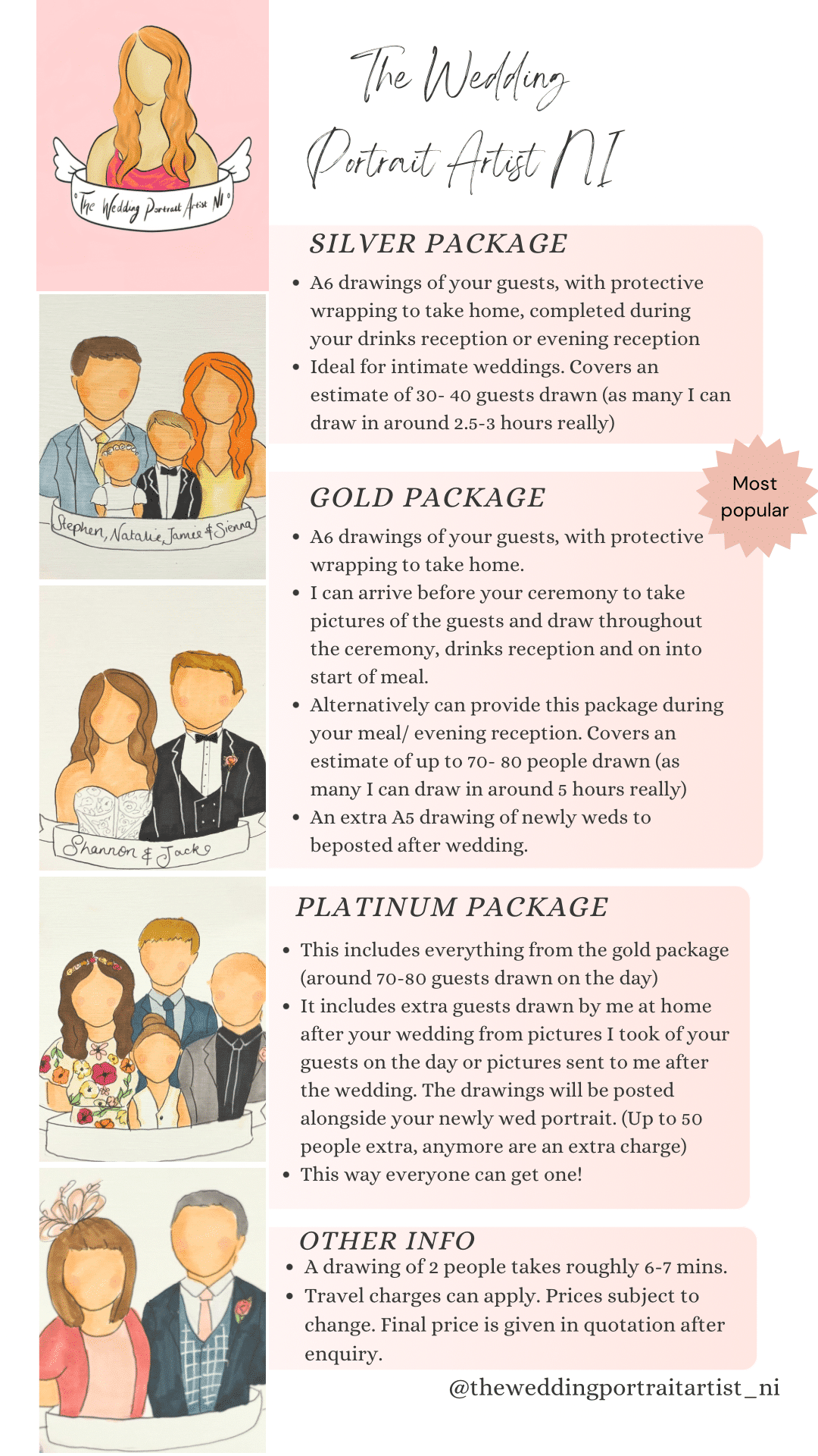Wedding portrait artist price list with silver, gold, and platinum packages described, featuring guest illustrations.