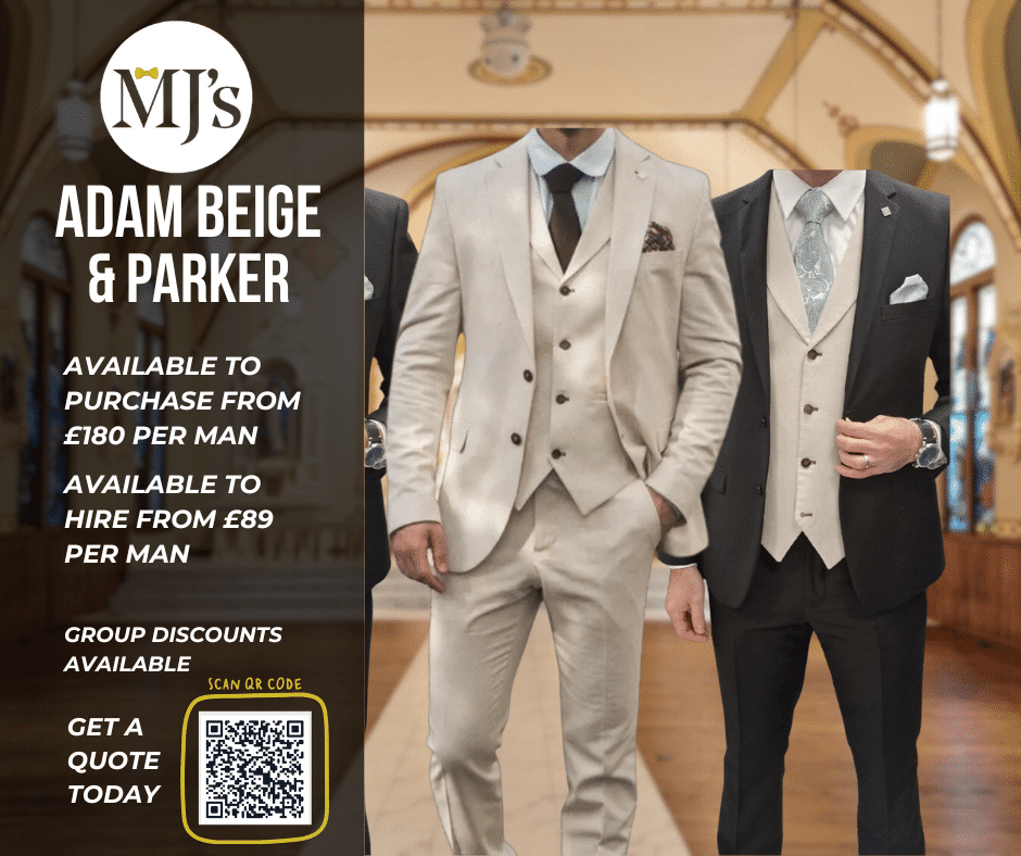 Men's formal suits available for purchase or hire at MJ's; light beige and dark options displayed.