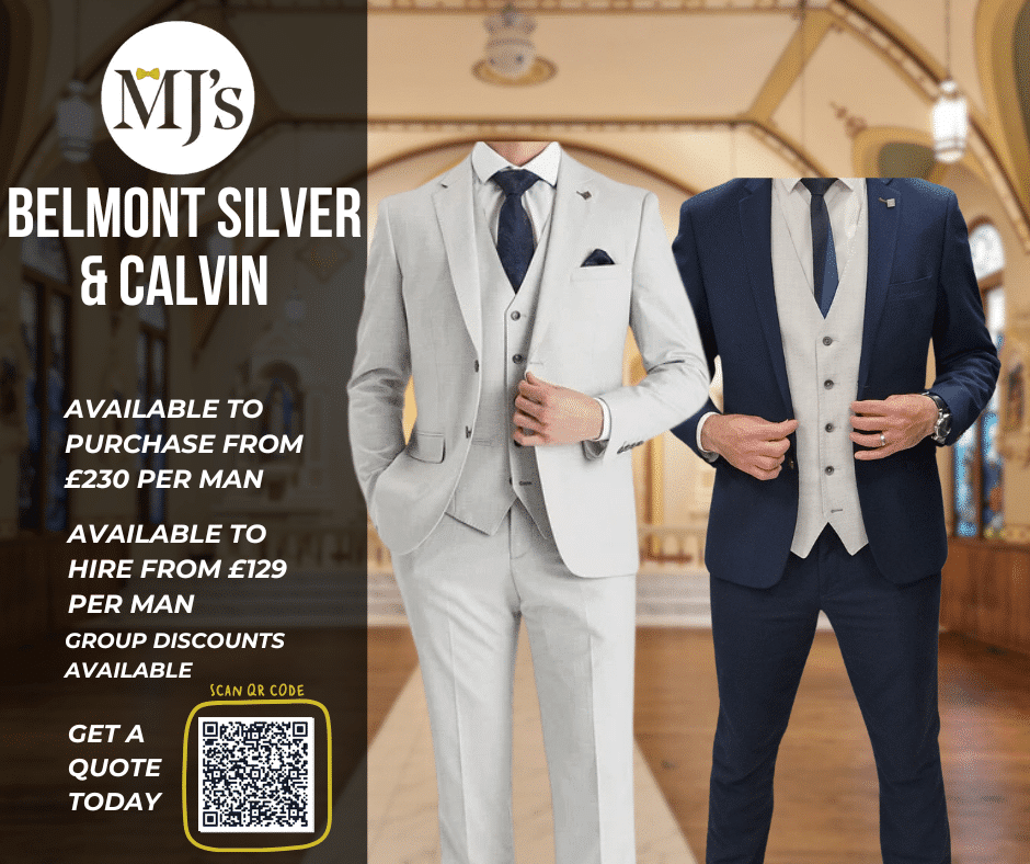Two suits on display, one silver and one navy, with pricing information and a QR code for MJ's shop.