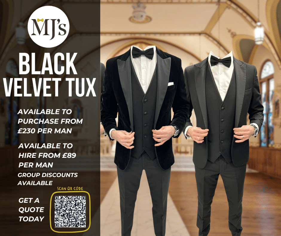 Black velvet tuxedo display with rental and purchase information, featuring QR code for quotes.