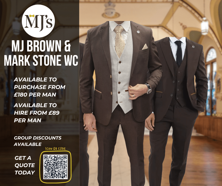 Two men in brown suits with text offering suit purchase and hire options from MJ's. Includes QR code for a quote.