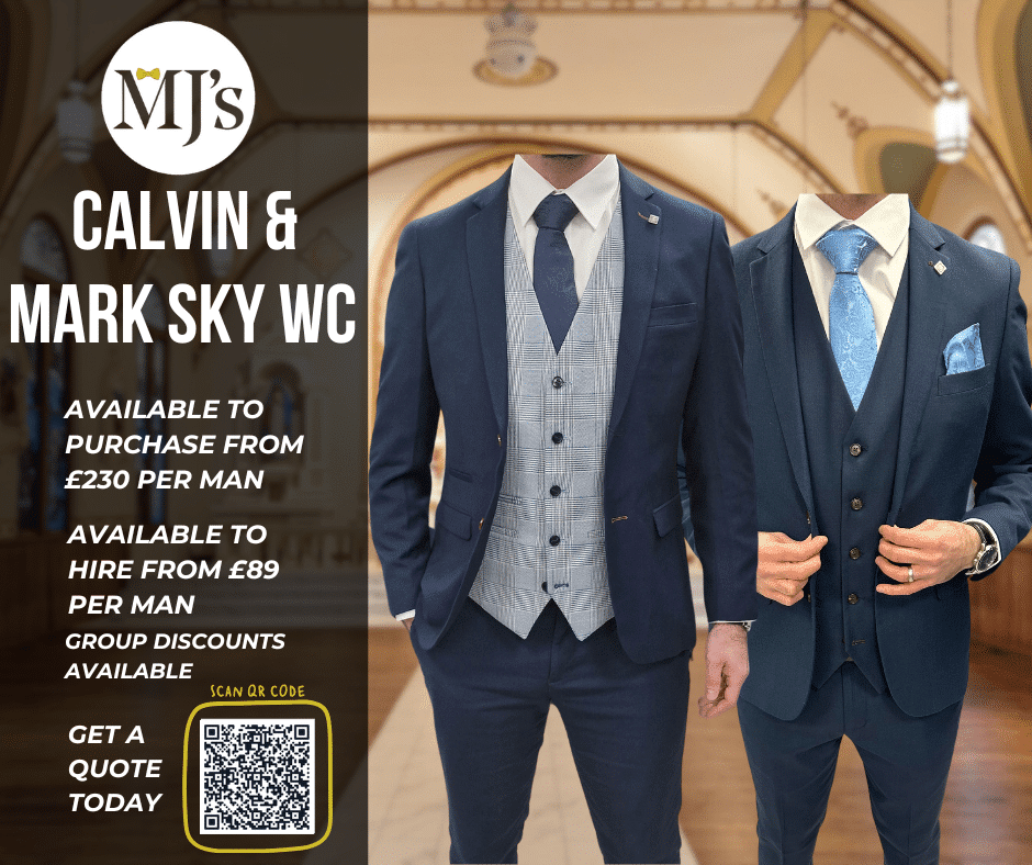Two men in stylish blue suits with ties, offering purchase and hire options at MJ's with pricing details and QR code.