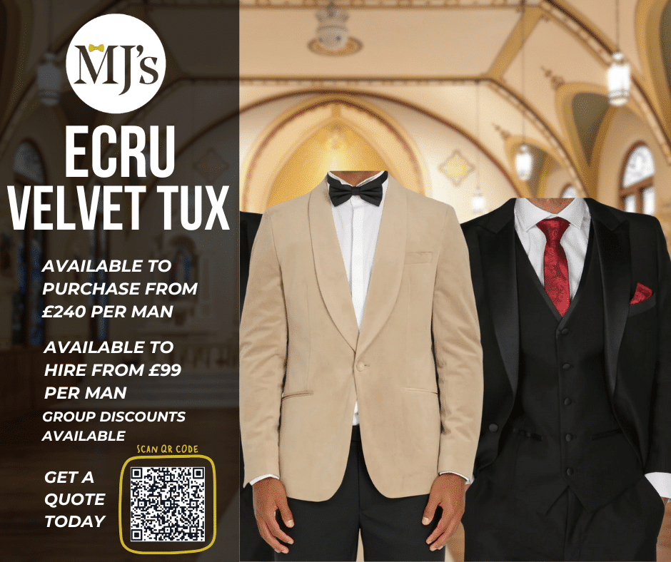 Ecru velvet tuxedo with text offering purchase and hire options, bridal background, and QR code for quotes.