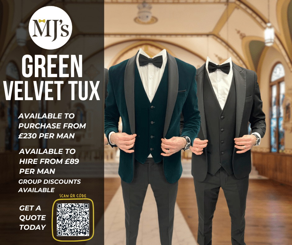 Green velvet tuxedos with bow ties on mannequins, surrounded by pricing and rental information.