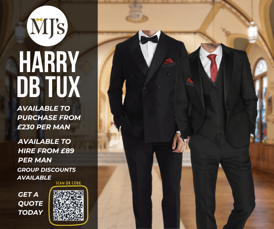 Two men in formal tuxedos with price and hire details, beside a "Harry DB Tux" advertisement from MJ's with a QR code.