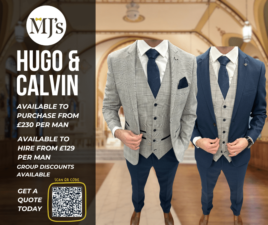 Two men in suits with text offering suit purchase and rental options from MJ's, with a QR code for quotes.