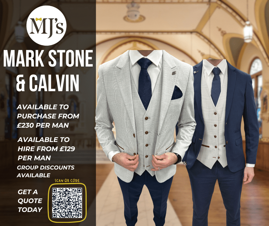 Two stylish suits displayed in a vintage setting with pricing and rental options.