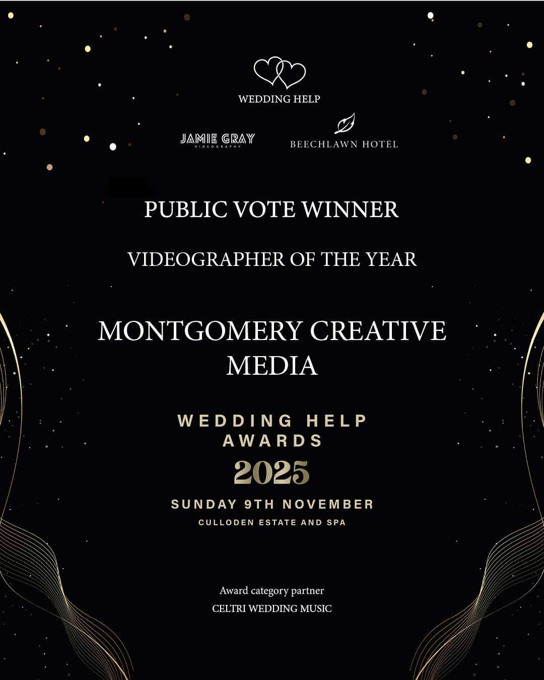 Winner certificate for Montgomery Creative Media, Public Vote Videographer of the Year, Wedding Help Awards 2025.
