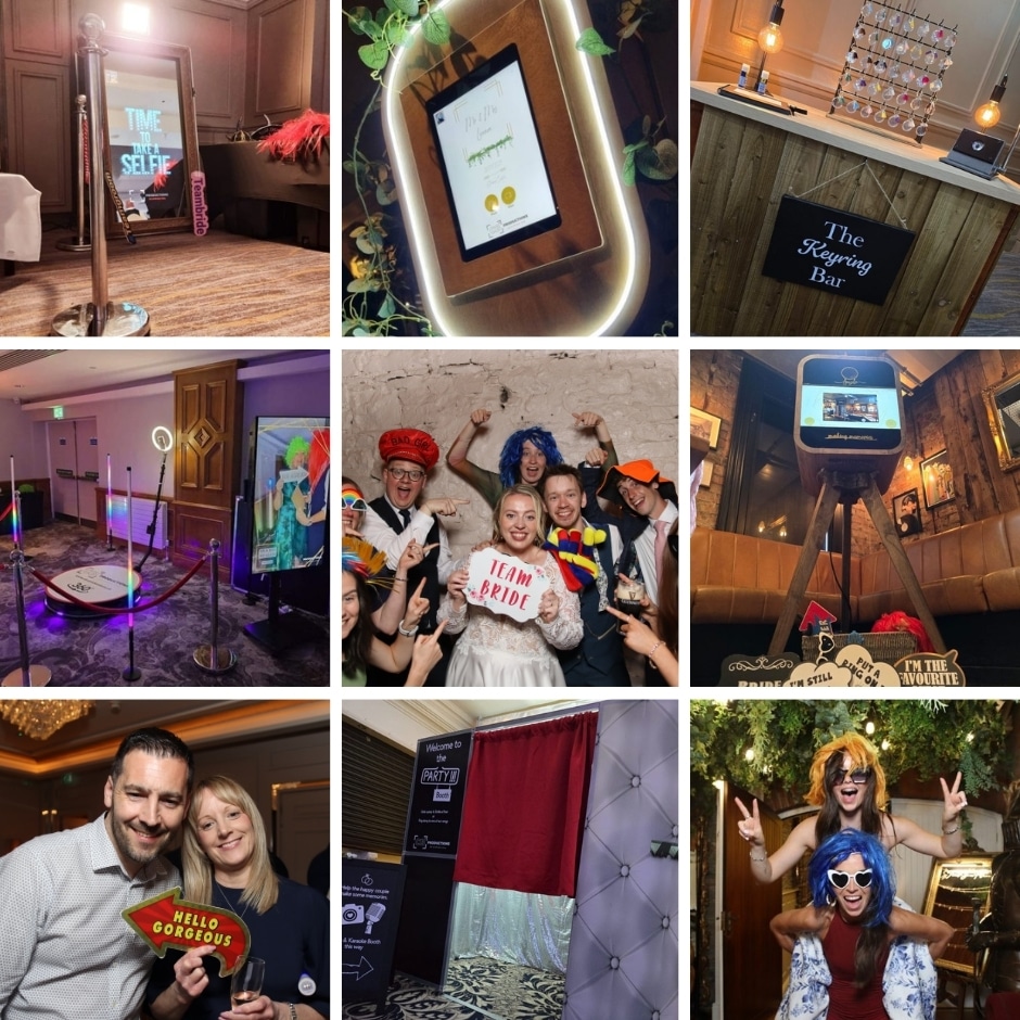 Photo booth setups and fun party scenes with props and costumes at a lively event.