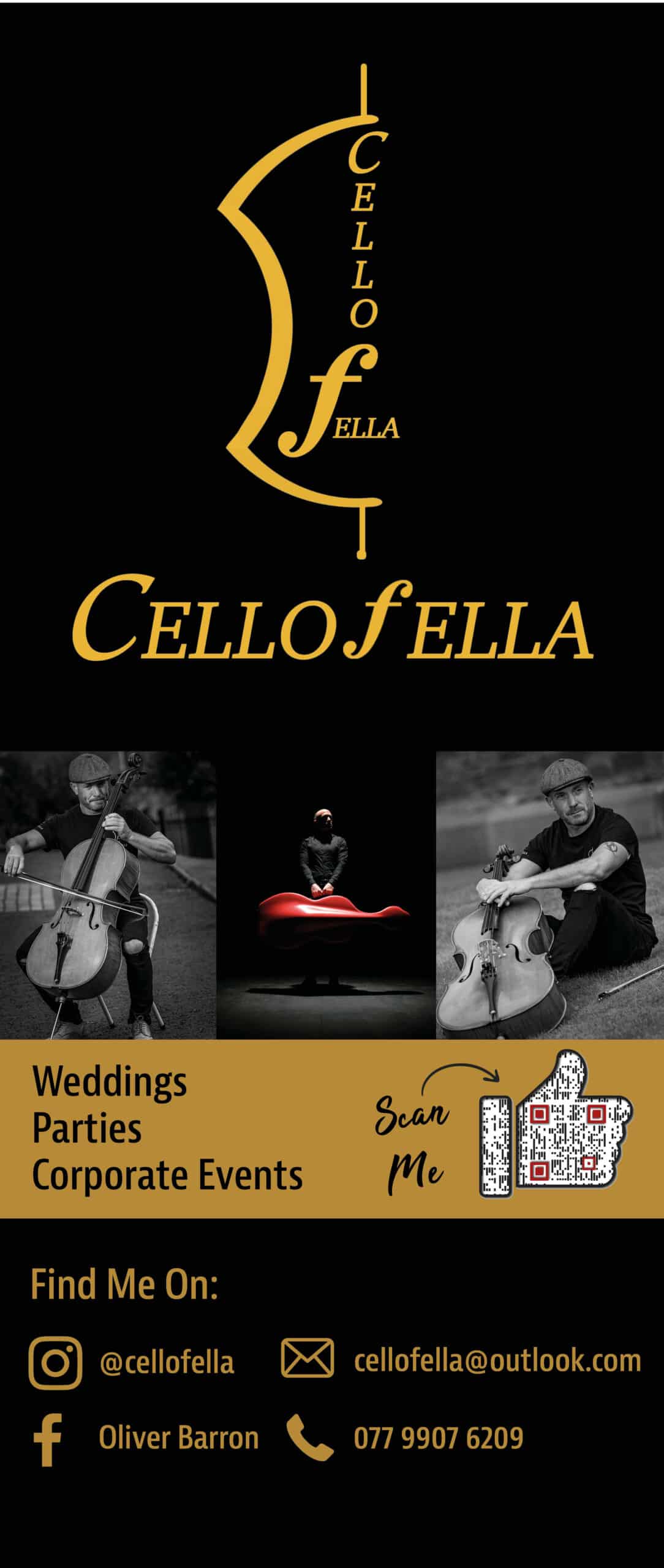 CelloFella pop-up banner featuring logo, event details, and contact information for weddings, parties, and corporate events.